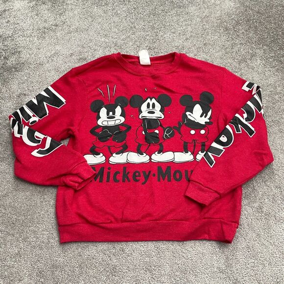 Disney Mickey Mouse Pullover Sweatshirt Juniors Large Red Crew Neck Cartoon - Picture 1 of 10